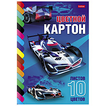 Картон цветной А4, 10л, 10цв, склейка, мелованный, Hatber, "Супер гонки"