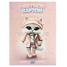Картон цветной 10л. 10цв. "Кошечка в пальто" А4, папка с клапанами