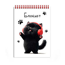 Блокнот А6 80л.кл.гребень,карт.обл.Феникс+, "КОТЕНОК В НАУШНИКАХ", сплошной лак