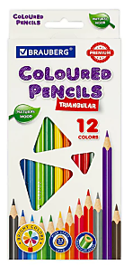Карандаши цветные BRAUBERG PREMIUM 12 цветов, трехгранные, грифель 3,3 мм, натуральное дерево, 18165