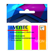Закладки deVente цветн.неон 45*12мм, 5цв. 25л, пластиковые, европодвес