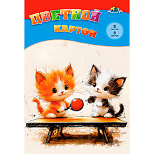 Картон цветной А4, 8л, 8цв, папка, немелованный, КТС "Два котенка"