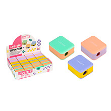 Точилка пластиковая deVente "Pastel" 1 отверстие, с контейнером, ассорти, картонный дисплей